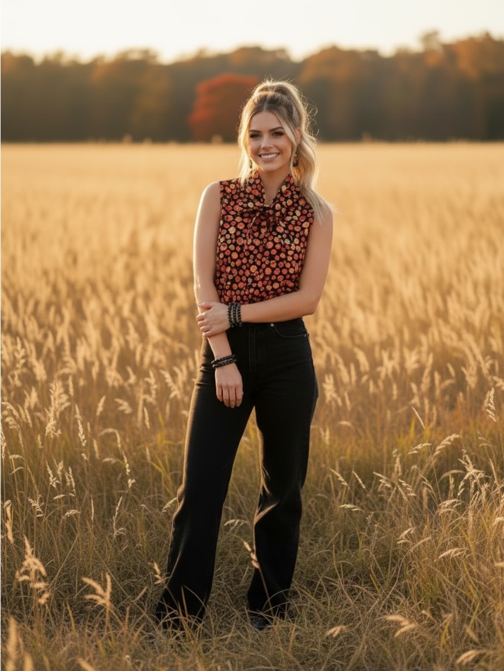 RETROLICIOUS Sleeveless Pumpkin  Tie-Neck Blouse in Black & Rust
